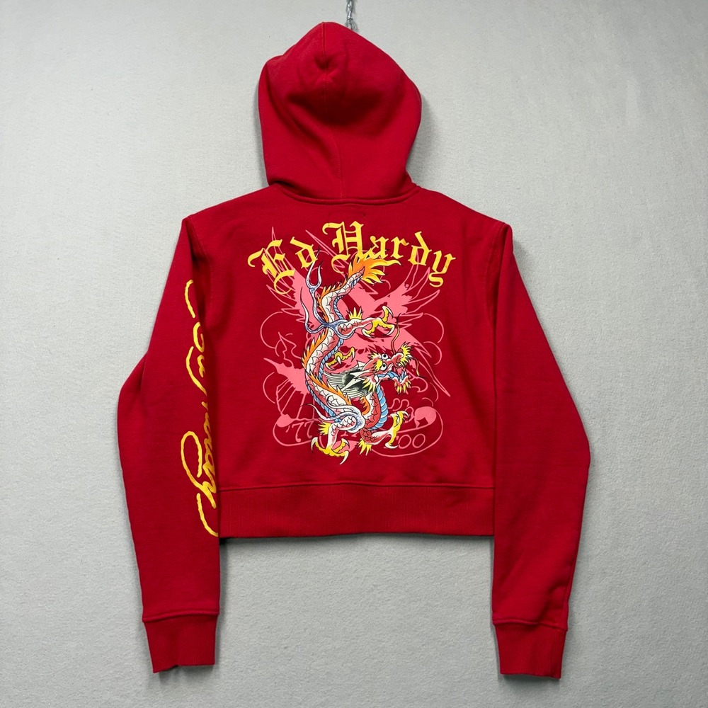 Ed Hardy Zip Up Hoodie Womens Small Red Dragon Tattoo Graphic Y2K EHWR1502-6